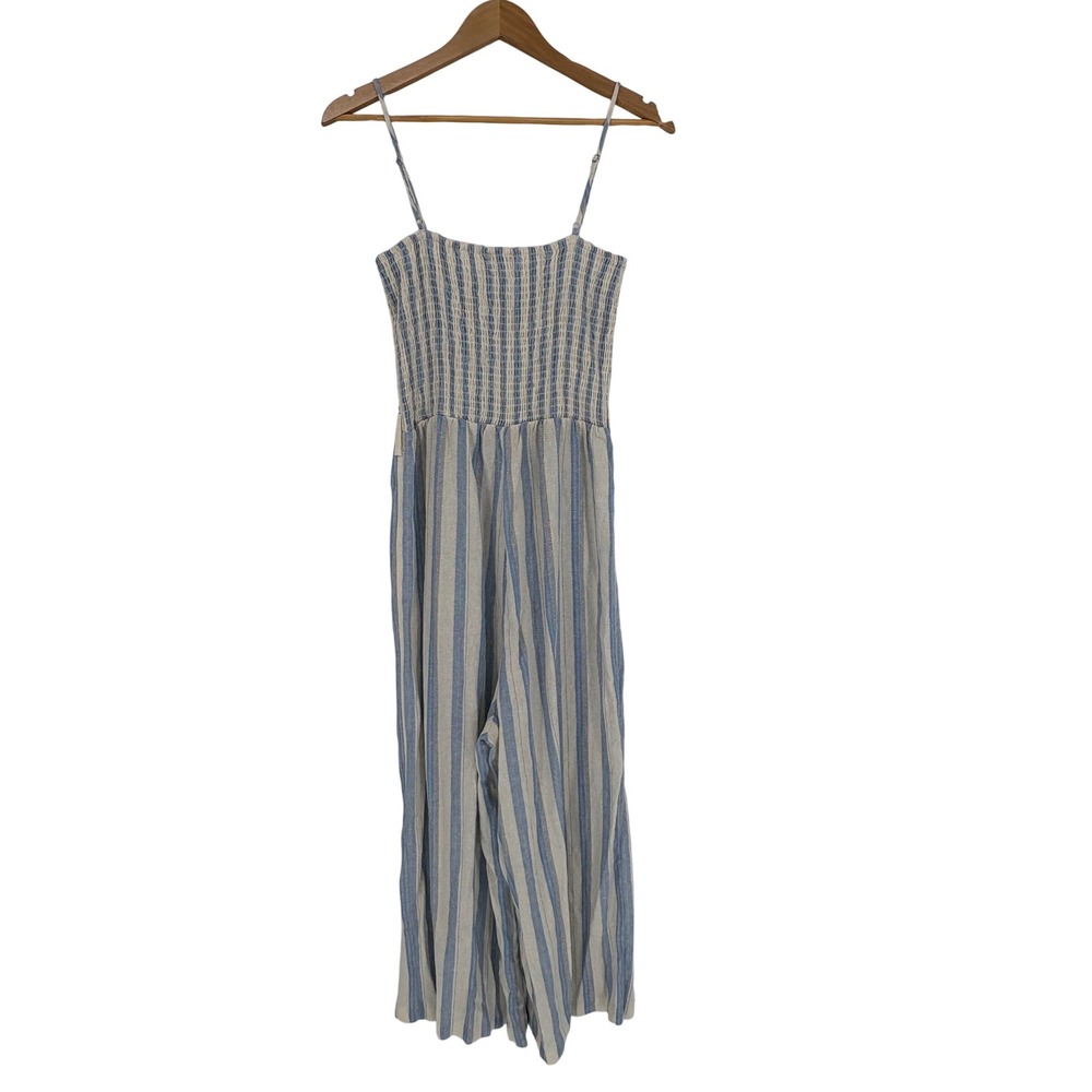 Love Tree Striped Wide Leg Jumpsuit Large Blue White Linen Blend Smocked Coastal - Picture 5 of 9